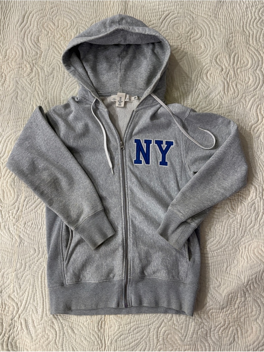 H&M Grey Zip-Up Hoodie with Blue NY Appliqué